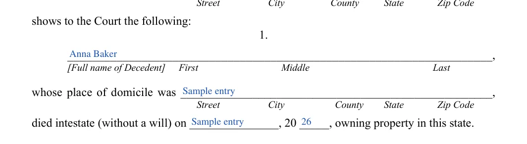 Georgia small estate affidavit: shows to the Court the following, filled with sample entries