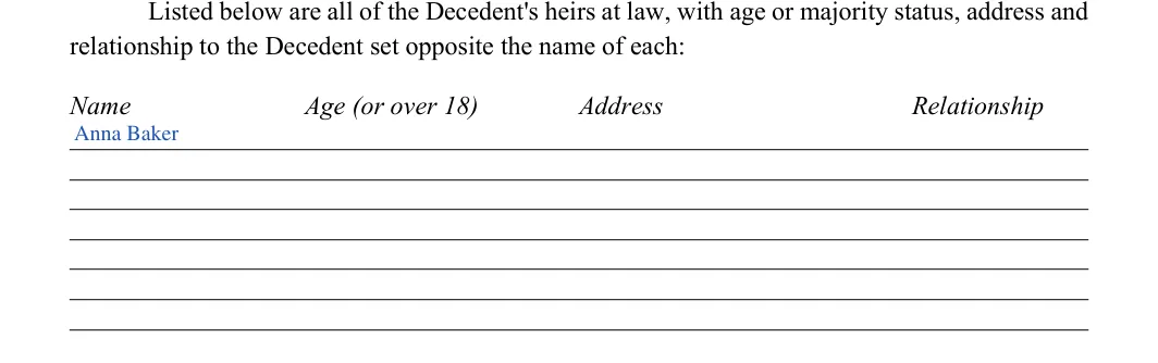 Georgia small estate affidavit: relationship to the Decedent set opposite the name of each, filled with sample entries