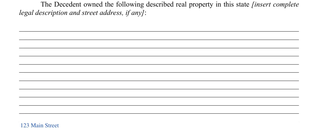 Georgia small estate affidavit: legal description and street address, if any], filled with sample entries