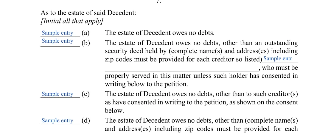 Georgia small estate affidavit: As to the estate of said Decedent, filled with sample entries