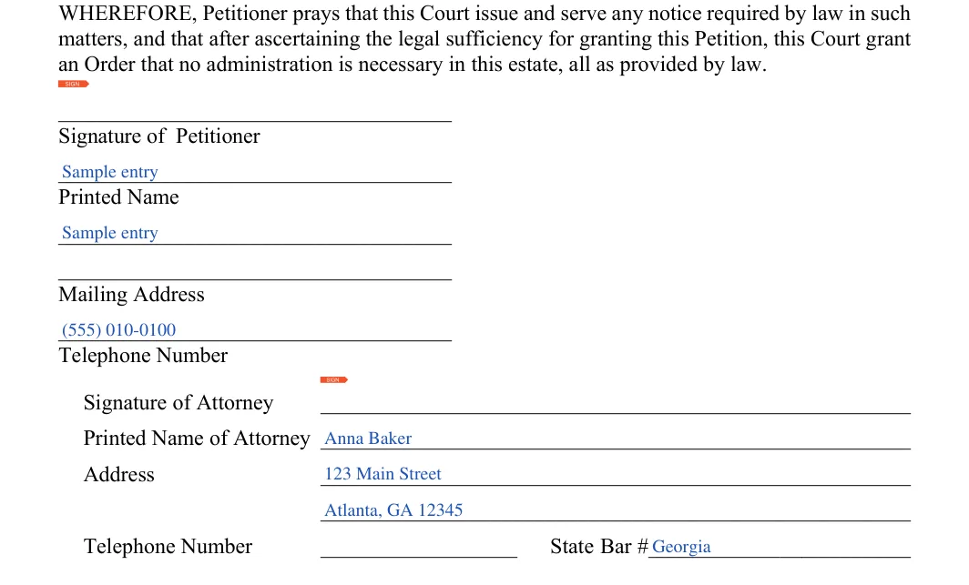 Georgia small estate affidavit: Signature, Petitioner and more, filled with sample entries