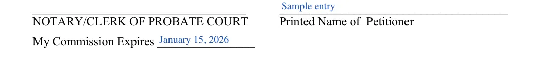Georgia small estate affidavit: NOTARY/CLERK OF PROBATE COURT, filled with sample entries