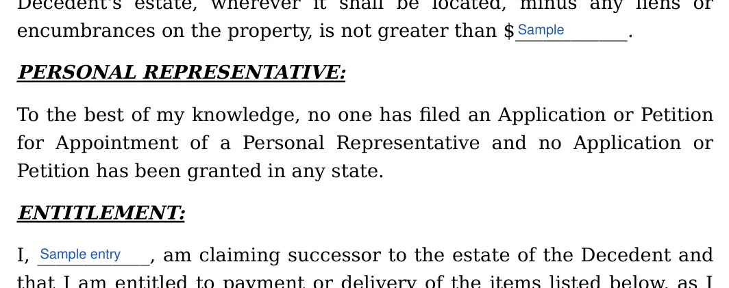 Iowa small estate affidavit: ENTITLEMENT, filled with sample entries