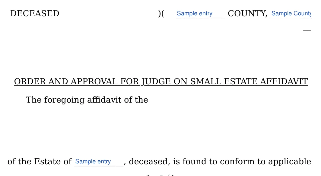Iowa small estate affidavit: DECEASED, filled with sample entries