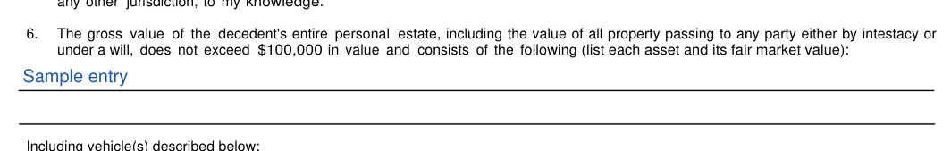 Illinois small estate affidavit: Form fields, filled with sample entries