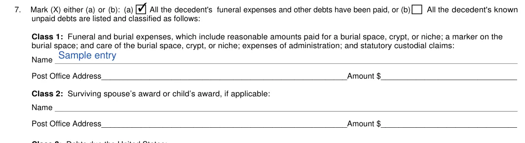 Illinois small estate affidavit: unpaid debts are listed and classified as follows, filled with sample entries