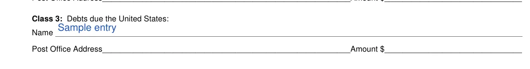 Illinois small estate affidavit: Class 3: Debts due the United States, filled with sample entries