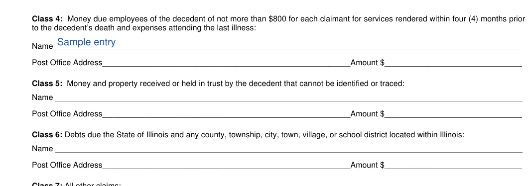Illinois small estate affidavit: Form fields, filled with sample entries