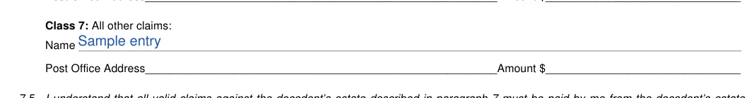 Illinois small estate affidavit: Class 7: All other claims, filled with sample entries