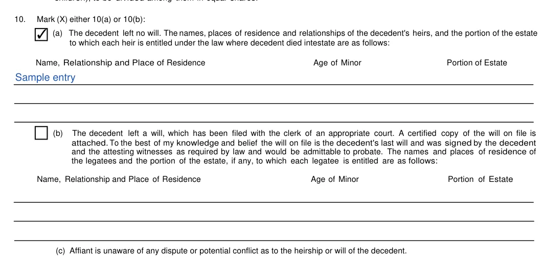 Illinois small estate affidavit: Mark (X) either 10(a) or 10(b), filled with sample entries