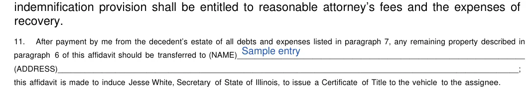 Illinois small estate affidavit: Form fields, filled with sample entries