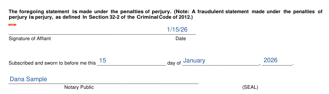 Illinois small estate affidavit: Signature, Date and more, filled with sample entries