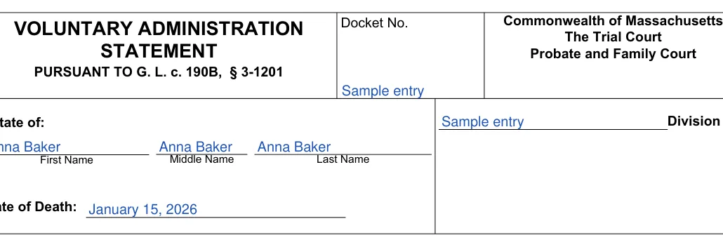 Massachusetts small estate affidavit: ATION, filled with sample entries