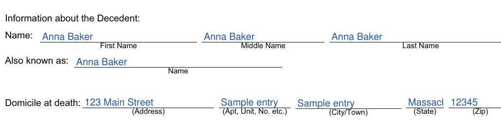 Massachusetts small estate affidavit: 1. Information about the Decedent, filled with sample entries
