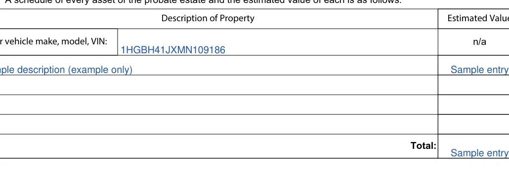 Massachusetts small estate affidavit: Motor vehicle make model vin, Description of property and more, filled with sample entries