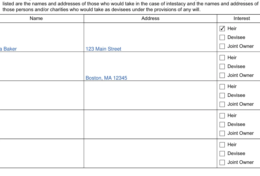 Massachusetts small estate affidavit: Namerow, Addressrow and more, filled with sample entries