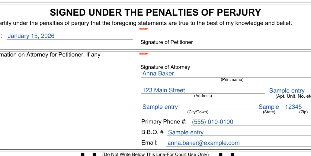Massachusetts small estate affidavit: SIGNED UNDER THE PENALTIES OF PERJURY, filled with sample entries