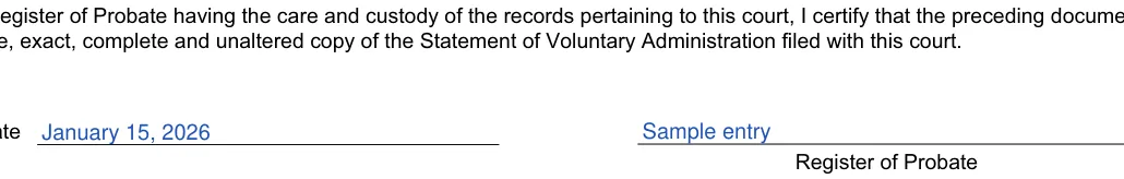 Massachusetts small estate affidavit: Date, Register of probate, filled with sample entries