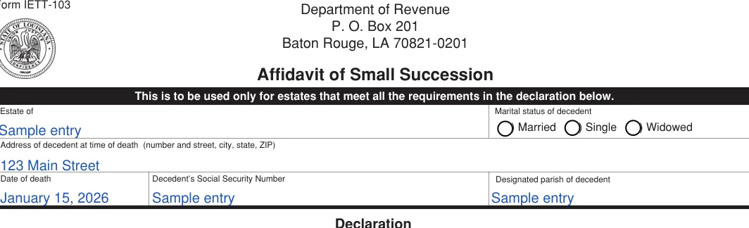 Louisiana small estate affidavit: P. O. Box 201, filled with sample entries
