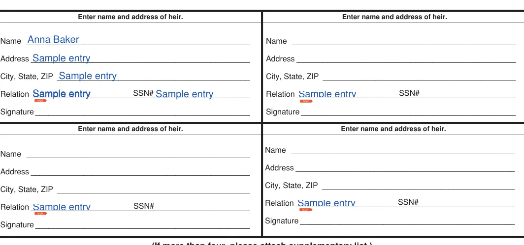 Louisiana small estate affidavit: Name, A and more, filled with sample entries