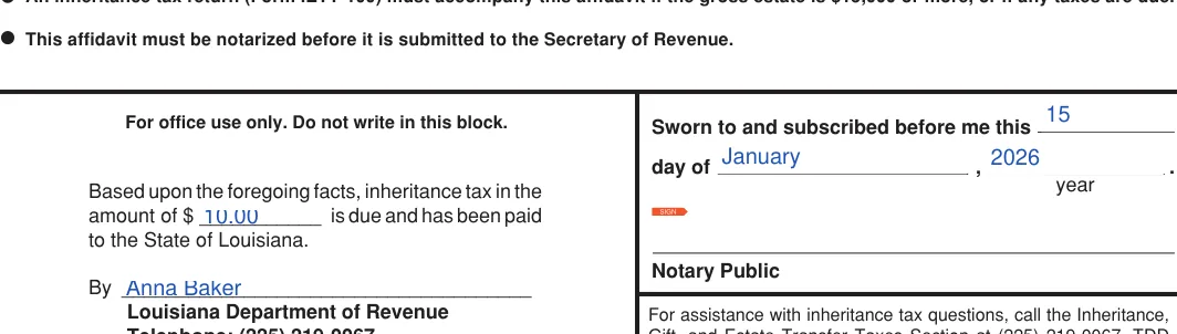 Louisiana small estate affidavit: Day, Month and more, filled with sample entries