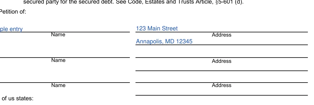Maryland small estate affidavit: The Petition of, filled with sample entries