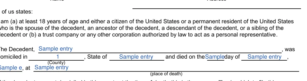 Maryland small estate affidavit: Each of us states, filled with sample entries