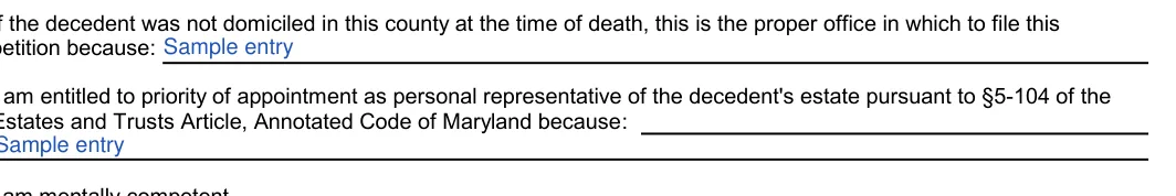Maryland small estate affidavit: petition because, filled with sample entries
