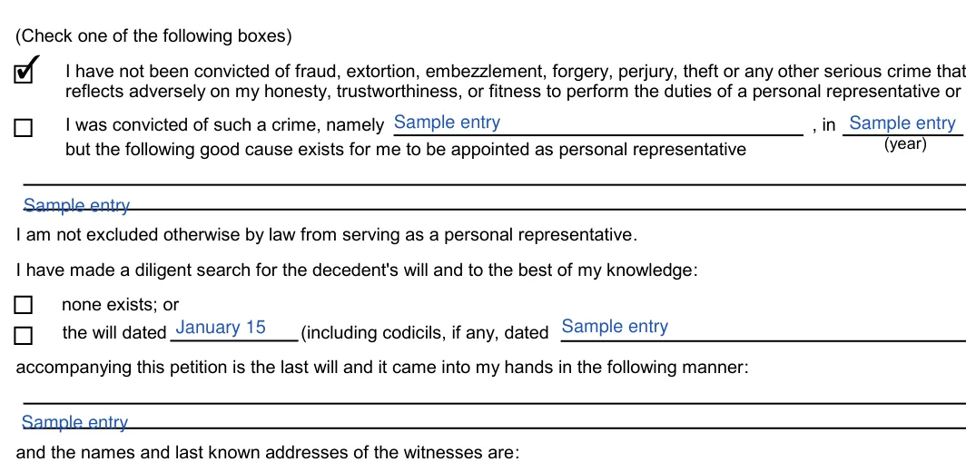 Maryland small estate affidavit: 7. (Check one of the following boxes), filled with sample entries