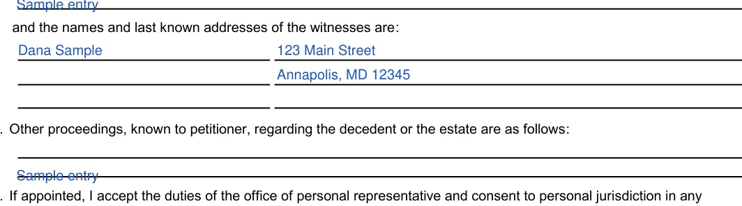 Maryland small estate affidavit: and the names and last known addresses of the witnesses are, filled with sample entries