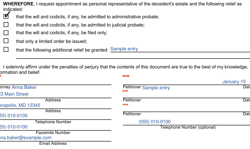 Maryland small estate affidavit: indicated, filled with sample entries