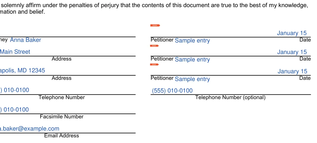 Maryland small estate affidavit: Signature, Date1 and more, filled with sample entries