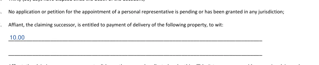 Minnesota small estate affidavit: Affiant the claiming successor is entitled to payment of delivery of the following property to wit, filled with sample entries