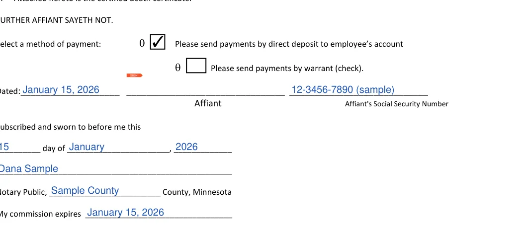 Minnesota small estate affidavit: FURTHER AFFIANT SAYETH NOT, filled with sample entries