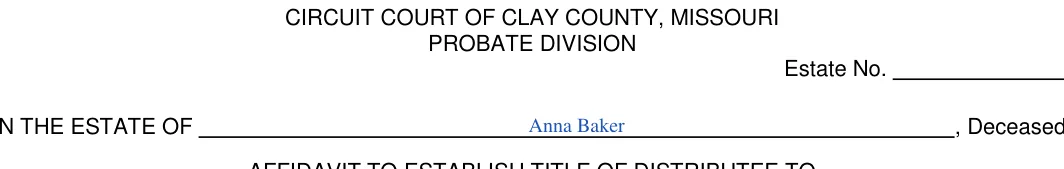 Missouri small estate affidavit: PROBATE DIVISION, filled with sample entries