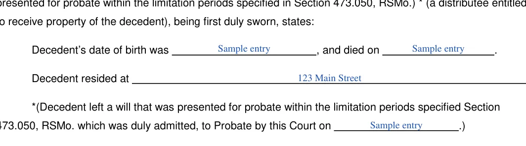 Missouri small estate affidavit: Decedentsdateofbirth, Decendentsdateofdeath and more, filled with sample entries