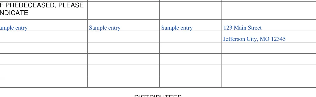 Missouri small estate affidavit: INDICATE, filled with sample entries