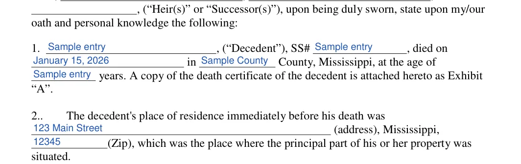 Mississippi small estate affidavit: oath and personal knowledge the following, filled with sample entries