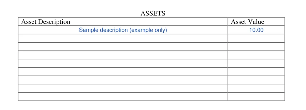Mississippi small estate affidavit: ASSETS, filled with sample entries