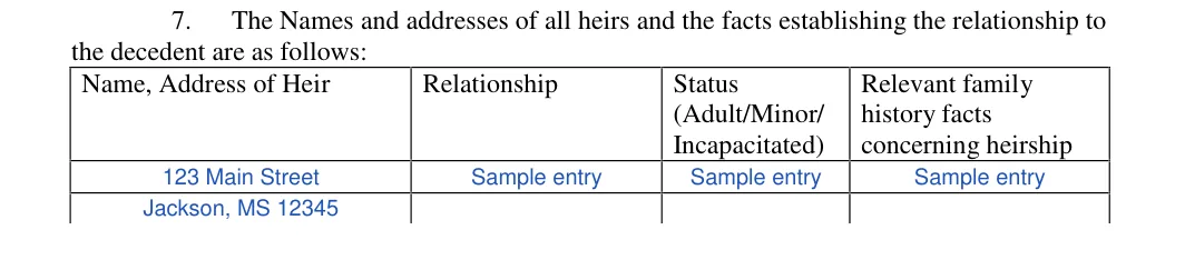 Mississippi small estate affidavit: the decedent are as follows, filled with sample entries