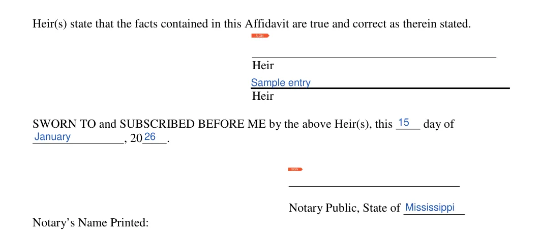 Mississippi small estate affidavit: Signature, Heir and more, filled with sample entries