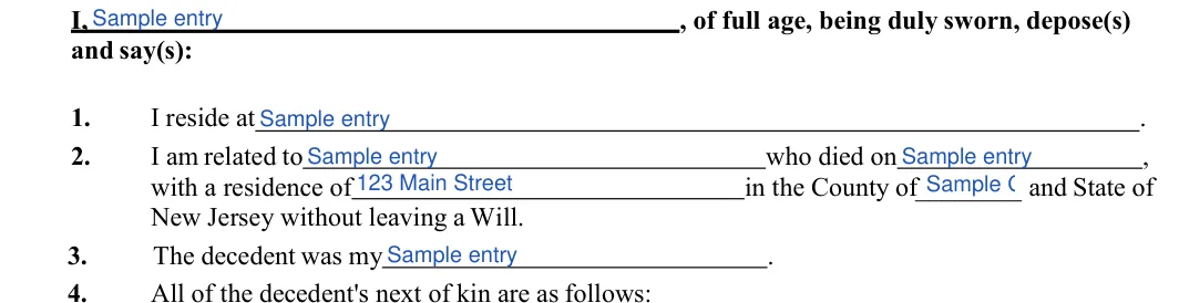 New Jersey small estate affidavit: and say(s), filled with sample entries