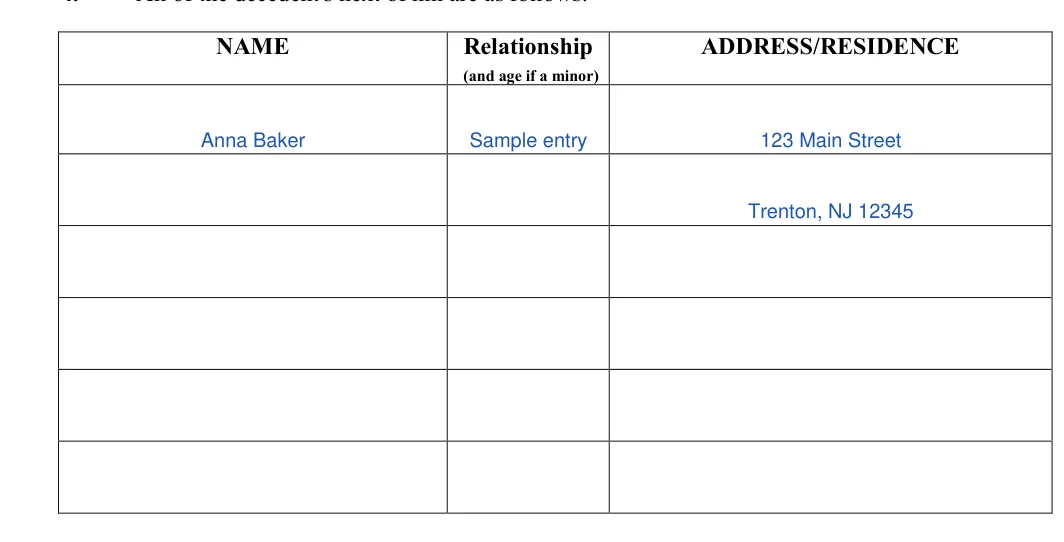 New Jersey small estate affidavit: ADDRESS/RESIDENCE, filled with sample entries