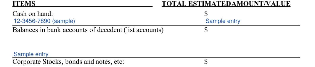 New Jersey small estate affidavit: Cash on hand, filled with sample entries