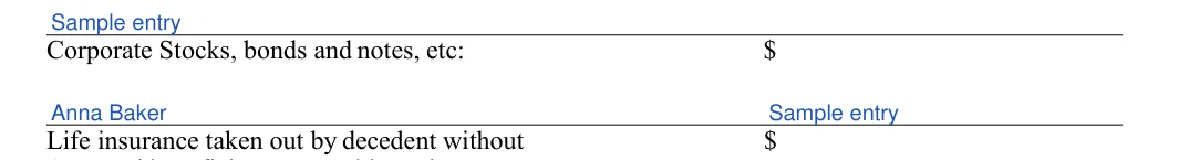 New Jersey small estate affidavit: Corporate Stocks, bonds and notes, etc, filled with sample entries