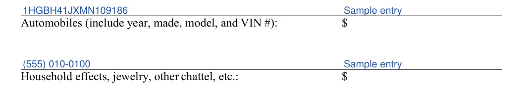 New Jersey small estate affidavit: Automobiles (include year, made, model, and VIN #), filled with sample entries