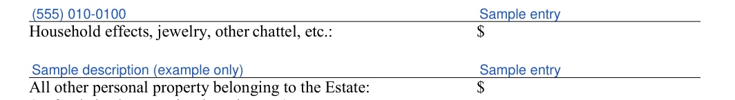 New Jersey small estate affidavit: Household effects, jewelry, other chattel, etc, filled with sample entries