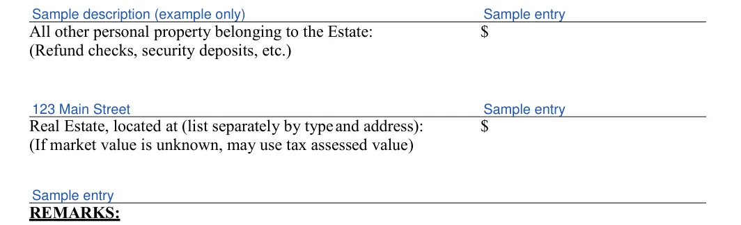 New Jersey small estate affidavit: All other personal property belonging to the Estate, filled with sample entries