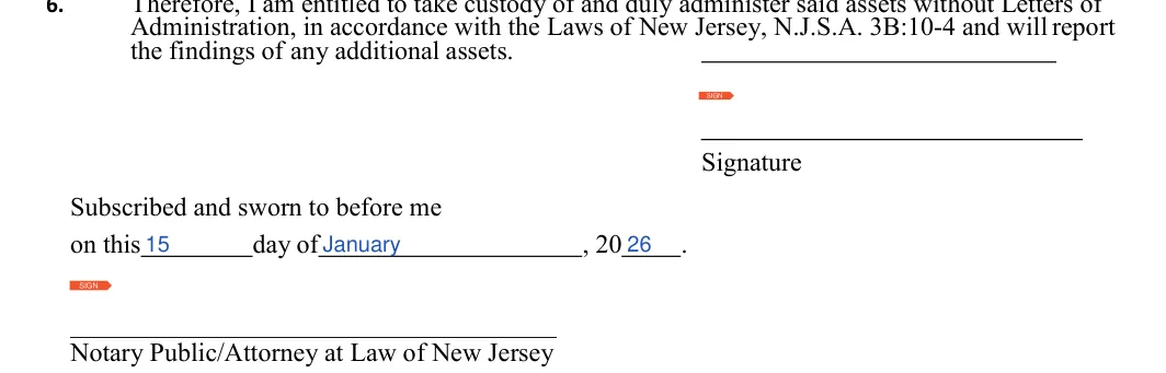 New Jersey small estate affidavit: Signature, Day and more, filled with sample entries