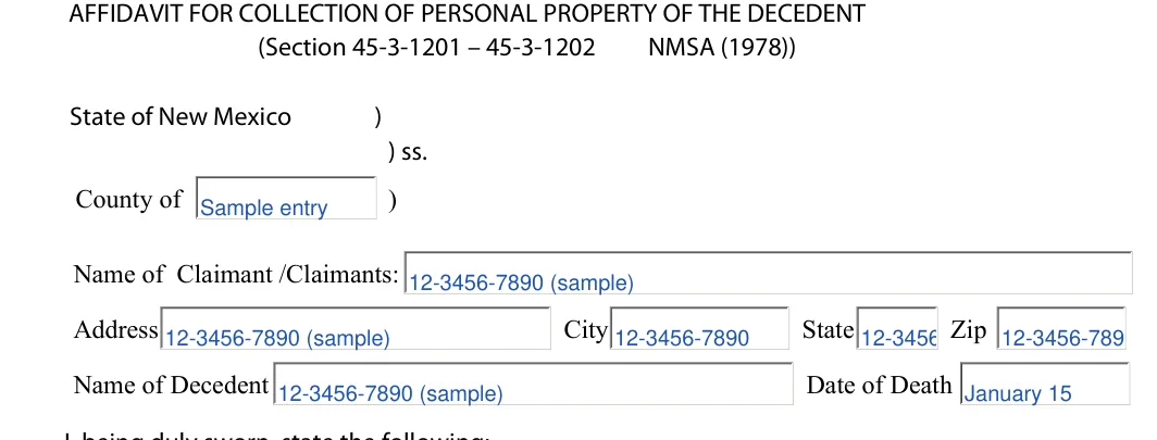 New Mexico small estate affidavit: NMSA (1978)), filled with sample entries